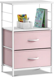 Nachttisch mit 2 Schubladen und Stofffächern, Holzplatte & Stahlrahmen für Schlafzimmer oder Schlafsaal - Bild 1 von 23