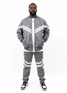 Men's faux Leather Track Suit Sweatsuit grey and White Casual Wear - Picture 1 of 10