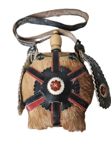 VTG Leather & Fur Alpine Flask Bavarian Tyrolene Canteen  Handcrafted Folk Art - Picture 1 of 21