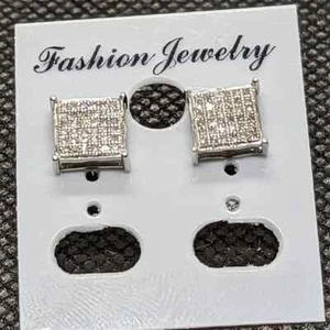 Square Cluster 14k White Gold and Genuine Diamond Earrings Vintage Ethical - Picture 1 of 5