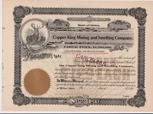 Certificado de acciones de Copper King Mining & Smelting Company Mullan Idaho - Imagen 1 de 1