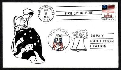 USA, SCOTT # 1622 & 1519, COMBO FDC COVER - WOMAN SEWING AMERICAN FLAG 1975 - Image 1 of 4