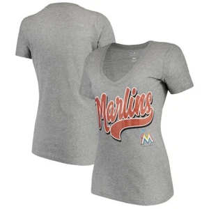 Campus Lifestyle Miami Marlins Womens Gray Glitter Logo V-Neck T-Shirt - Picture 1 of 1