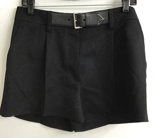 Prada pantaloncino plissettato nero twill cintura pelle davanti triangolo logo taglia 40 6