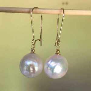 14mm Natural white Baroque Freshwater pearl 14k gold earrings Women Wedding Hook