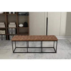 Decorative Bench/Ottoman Tufted Light Brown Faux Leather Large Backless Homepop - Picture 1 of 12