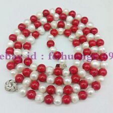 Natural 8-9mm White Freshwater Cultured Pearl &8mm Red Coral Bead Necklace 35"