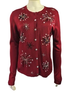 Karen Scott rot "2000" Perlen patriotisch Neujahr Urlaub Strickjacke Pullover Gr. M - Bild 1 von 7