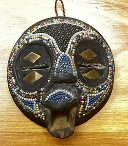 Vtg Ghana Kenyan African Beaded Brass Wood Carved Tribal Face Mask Wall Decor - Picture 1 of 11