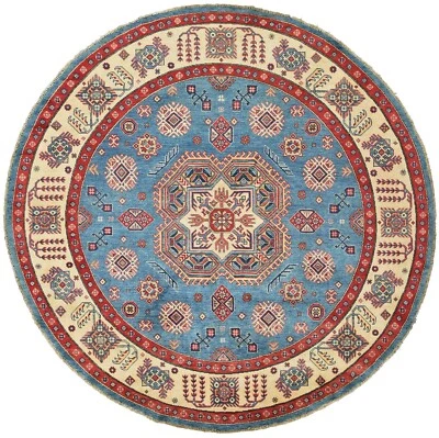 Kazak Rug 7'11'' x 7'10'' Round Blue Wool Tribal Hand-Knotted Oriental Carpet - Image 1 of 4