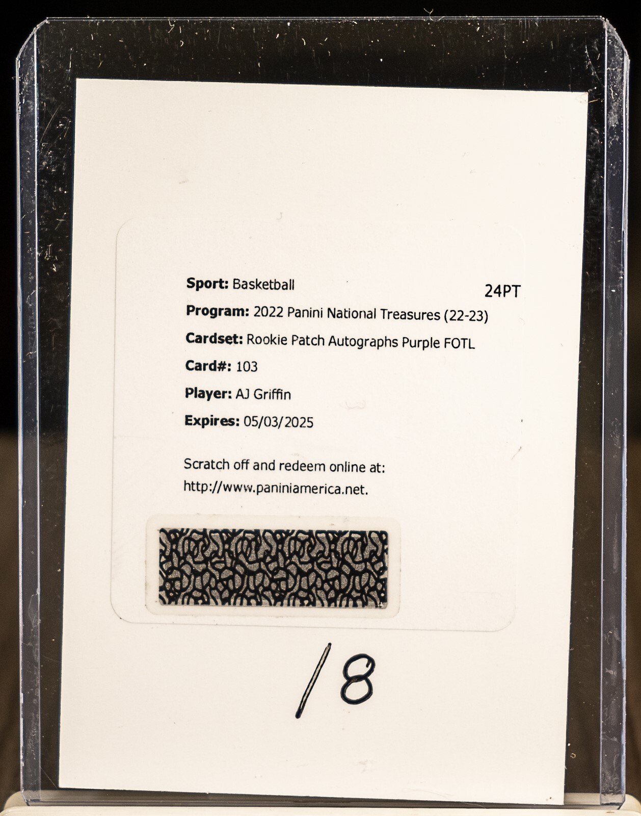 AJ GRIFFIN 2022 National Treasures 103 Purple FOTL RC Patch Auto /8 Redemption