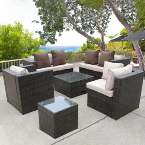 SET MOBILI DIVANO ANGOLARE GIARDINO VIMINI RATTAN MARRONE ESTERNO GIARDINO D'INVERNO - Foto 1 di 3
