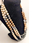 Charming Charlie Gray, Cream Bead Faceted Crystal Triple Stand Layer Necklace