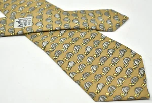 HERMES Paris Mens Tie Necktie Light Gold Jockey Hat Equestrian Silk - Picture 1 of 7
