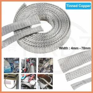 Flat Shield Braided Ground Strap Grounding Tinned Copper Braid Width 4mm - 70mm - Picture 1 of 18
