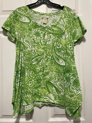 CARIBBEAN JOE top shirt blouse M 8 Bust 38 Length 26 Green White Floral Paisley - Image 1 of 2