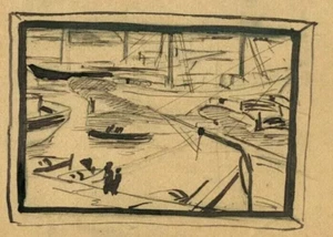 Vintage Ink Drawing Original Maritime Port Landscape, Sailor, Boats, Sea - Picture 1 of 8
