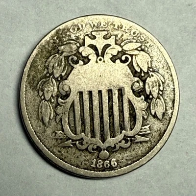 1866 con rayos ESCUDO níquel. AG-Good, ENORME troquel reverso roto. #r1 Foto 1 de 2