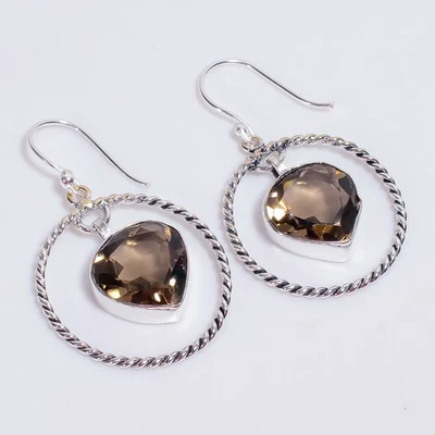 Smoky Quartz Gemstone Vintage Handmade 925 Sterling Silver Earrings 1.8" e708 - Image 1 of 4