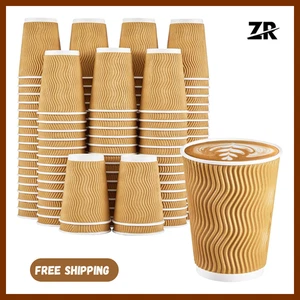 12oz Disposable Ripple Triple walled Paper Coffee Cup Brown Hot Cold Drink Cups - Picture 1 of 4