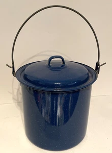 Vintage blau weiß gesprenkelt EmailleWare Camping Suppentopf mit Deckel Granitgeschirr - Bild 1 von 8