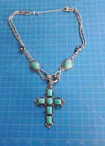 Large Turquoise Color Gemstone Silver Cross Necklace, Emblished 20" Chain - Picture 1 of 5