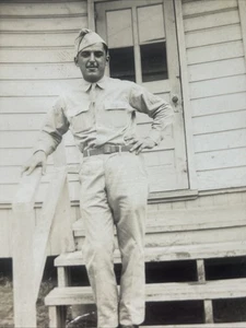 Vintage Photo Military Man Return Visit Home Posing On House Steps 3.5” BW - Picture 1 of 3