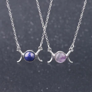 Necklace Triple Moon Sun Pendant Natural Opal Gemstone Silver Chain Crystal - Picture 1 of 30