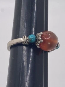Sterling Silber Karneol Türkis Perlen Kugel Ring 925 Gr: 5,75 Southwestern - Bild 1 von 4
