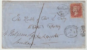 1862 TORQUAY DUPLEX REINDIRIZZATO NORTHAMPTON CUCCHIAIO PMK & 1d CARICA A LONDRA P/DUE - Foto 1 di 3