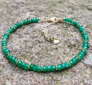 Grünes Onyx Armband 18K vergoldet über Edelstahl, stapelbar, verstellbar - Bild 1 von 7