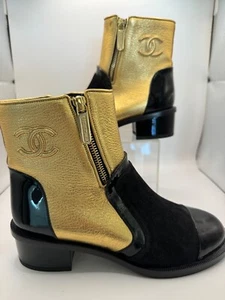 New Chanel Black/Gold Leather Velvet LOGO CC Boots size 36 - Picture 1 of 5