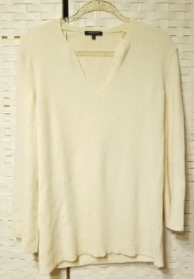 Lafayette 148 100% Cashmere Ribbed V-Neck Long Sleeve Sweater Small Cream Yellow - Image 1 of 4