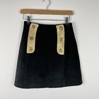 Black Suede Mini Skirt Fits 8/10 (no size) Gold Trim & Flower Poppers Vintage