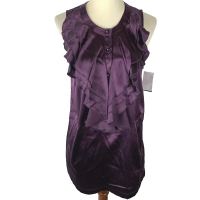 T 恤洛杉矶女式全新带标签丝绸无袖荷叶边衬衫上衣紫色 P 码 — 第 1/4 张图片