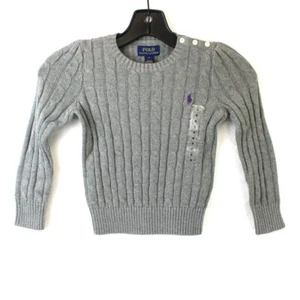 Polo Ralph Lauren Cable-Knit Button Sweater Sz 5 Girls GREY PURPLE PONY $60 NWT - Picture 1 of 6