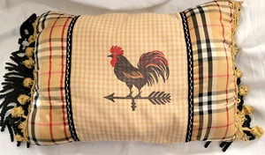 Vintage Embroidered Rooster Tassels Rope Checkered Pillow Silk Cotton 18” x 12" - Picture 1 of 13