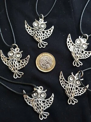 Collar Plata Búho Búho Ave Animal Cordón Dije Colgante Sabiduría Suerte Protección Foto 1 de 4