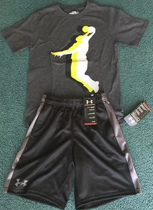 NWT Boys Under Armour YSM Gray/Black/White BASKETBALL Dunk Ultimate Shorts Set S - Picture 1 of 4