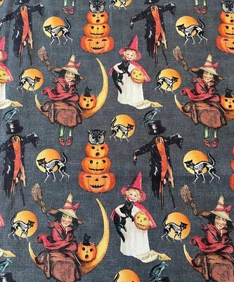 Cats & Treats Retro Vintage Halloween Witch Pumpkin Charcoal Cotton Fabric BTY - Image 1 of 4