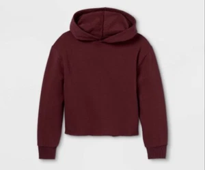 Kids Fleece Art Class Dark Red Raw Edge Boxy Hoodie Size Large 10/12 NWT - Picture 1 of 2