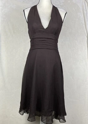 Vestido feminino vintage anos 90 Robbie Bee Halter 12 marrom 100% seda coquetel - Imagem 1 de 4