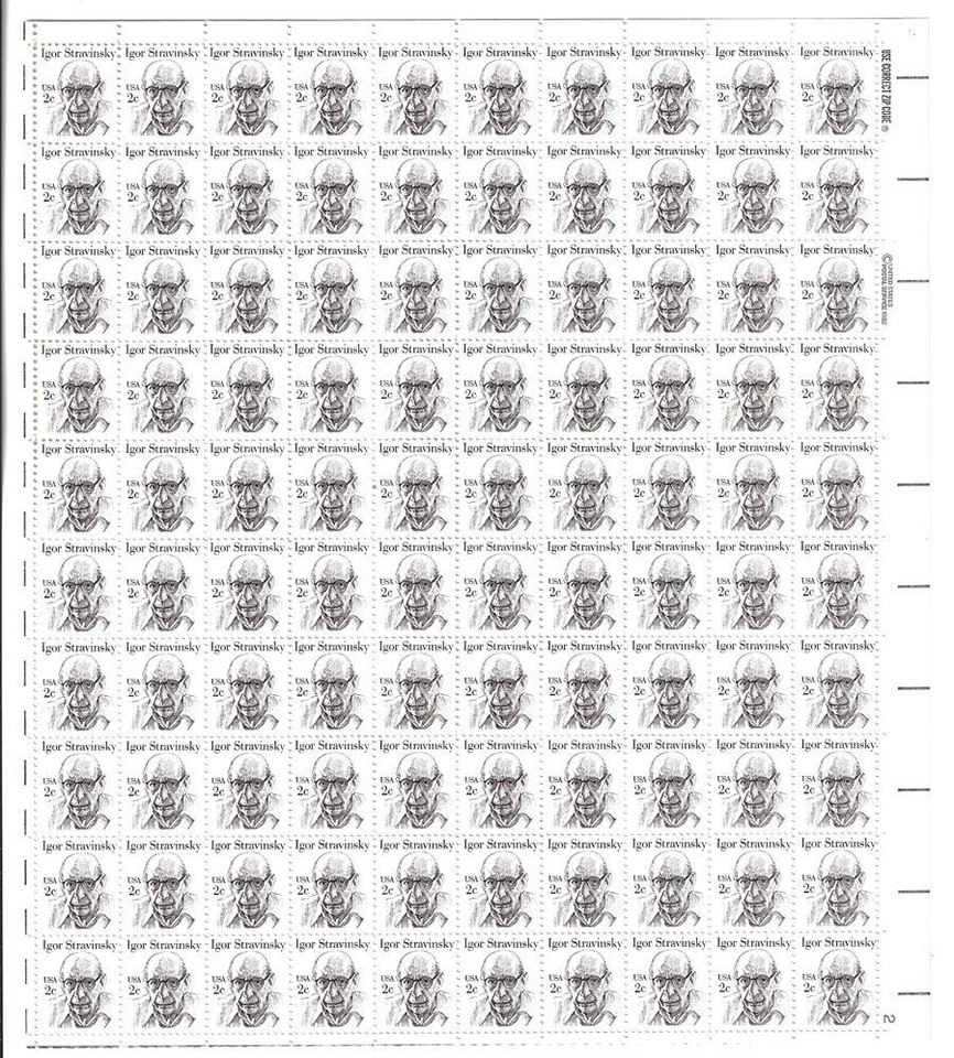 US SCOTT 1845 PANE OF 100 IGOR STRAVINSKY STAMPS 2 CENT FACE MNH - Image 1 of 1