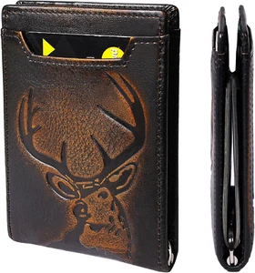 DK86 Schmale Herren-Geldbörse Hirsch mit Geldklammer Minimalistische Doppelfaltung Vordertasche Portemonnaie - Bild 1 von 12