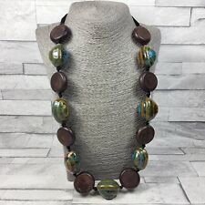 Glazed Stone Beads Statement Necklace Wood Discs Chunky Brown Blue Yellow Boho
