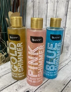 B PURE SHIMMER BODY WASH SET, GOLD-PINK- BLUE SHIMMER GEL WASH 8oz NEW! S/3 - Picture 1 of 4