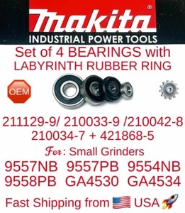 MAKITA Set of 4 Bearings + Labyrinth R/Ring for 9557NB /PB 9554NB 9558PB GA4530 - Picture 1 of 3