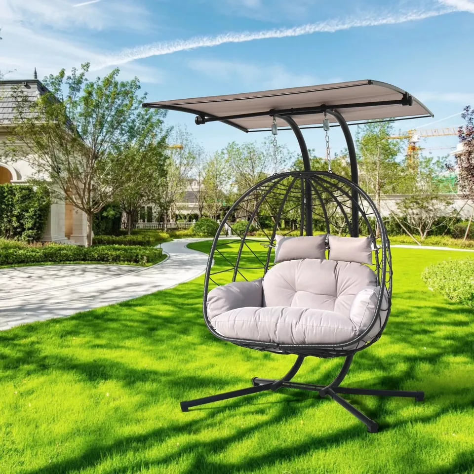 Cadeira de ovo suspensa dupla cadeira de vime pátio externo com suporte almofada de dossel - Imagem 1 de 4