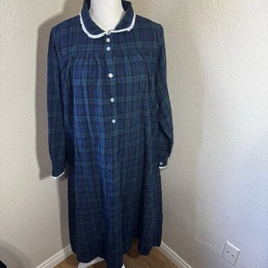 Camisón de franela Lanz Of Salzburg para mujer talla mediana azul verde borde de ojales a cuadros - Imagen 1 de 5