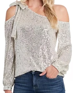 NWT New CeCe Silver-Gold Sequin Bow Long Sleeve One Shoulder Top Women's Size XS - Picture 1 of 7